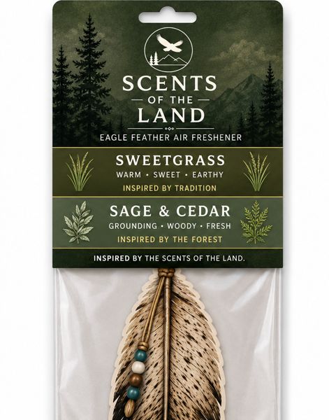 Scents of the Land air freshener packaging, Sweetgrass and Sage & Cedar